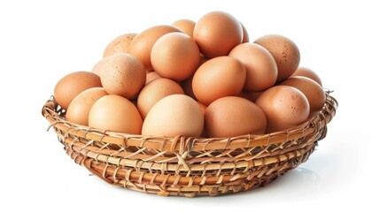 Canvas Print - Fresh chicken eggs stacked in wicker bamboo basket, isolated on white background, food and nutrition advertising