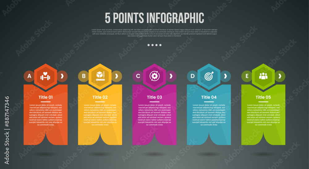 5 points or step process infographic with creative hexagon header and ...