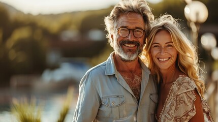 Wall Mural - Happy mature couple husband and wife walk summer in the park at sunset