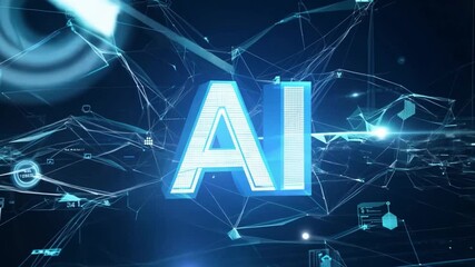 Poster - A 3D rendering of the letters AI in blue, with a glowing effect. The letters are surrounded by lines and digital displays.