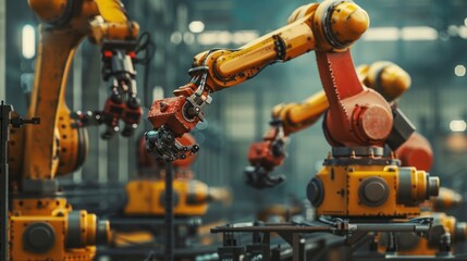 Aufkleber - Robotic arms move in a synchronized ballet, showcasing the power and precision of modern automation within a bustling factory setting