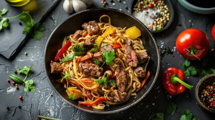 Wall Mural - Top view of appetizing stir-fry noodles with meat and vegetables in wok on grey textured table. Ideal for showcasing Asian cuisine.