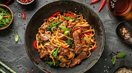 Wall Mural - Top view of appetizing stir-fry noodles with meat and vegetables in wok on grey textured table. Perfect for Asian food enthusiasts.