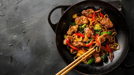 Wall Mural - Top view of delicious stir-fry noodles with meat and vegetables in wok on grey textured table. Ideal for Asian culinary themes.