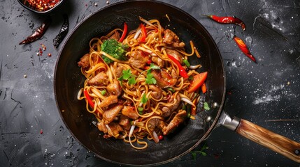 Wall Mural - Top view of delicious stir-fry noodles with meat and vegetables in wok on grey textured table. Ideal for Asian culinary themes.