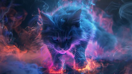 Aufkleber - A black cat with blue eyes stands in a swirl of blue and orange smoke. The cat's fur is outlined in glowing light, giving it a magical appearance.