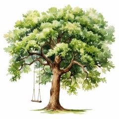 A large tree with green leaves and a swing hanging from a branch, painted in watercolors on a white background