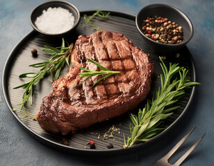 Grilled beef steak with rosemary and spices on a wooden board