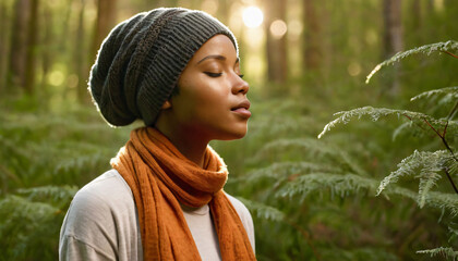 Wall Mural - black woman breathing fresh air in the forest with woolen clothes, scarf, cap