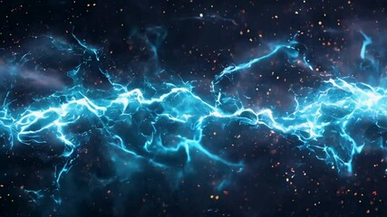 Video of electric blue lightning energy power with sparks on a black background, bold of electricity glowing and crackling neon