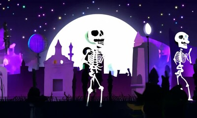 Canvas Print - Seamless animation of a skeletons dancing in a cemetery disco at night. Funny halloween background for parties and events.