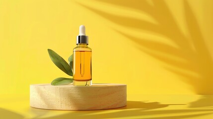 Canvas Print - Cosmetic bottle with oil or serum on podium yellow background emphasizing natural skin care concept