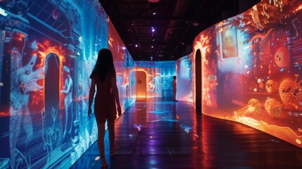 Fototapete - A woman walks through a corridor with immersive, colorful projections on the walls. The projections create a dynamic and otherworldly atmosphere.