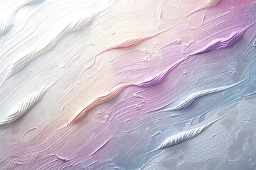 Delicate, thin paint strokes in a gradient of pastel colors, forming a gentle wave pattern on a textured white background, with shimmering highlights and soft shadows, hd quality, natural look