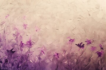 Wall Mural - Delicate, thin paint strokes in gradient shades of purple and pink, creating a soft, floral-like pattern on a textured beige canvas, with subtle highlights, hd quality, natural look