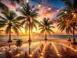 © Man888 - Warm golden light illuminates a serene beach scene with gentle waves, palm trees, and a vacant dance floor, evoking a sense of romantic getaway.