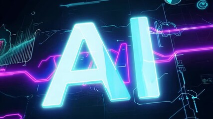 Poster - A glowing, blue neon AI logo against a dark, futuristic circuit board background.