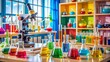 © Man888 - Colorful beakers, test tubes, and microscopes scattered on a table, surrounded by fun educational posters, in a bright and cluttered kid's science laboratory setting.