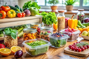 Sticker - A vibrant kitchen setup displays a nutritious meal prep scene with fresh fruits, vegetables, greens, avocado, and health supplements, emphasizing healthy eating habits.