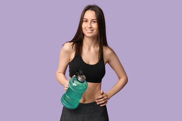 Poster - Young sporty woman with water bottle on lilac background