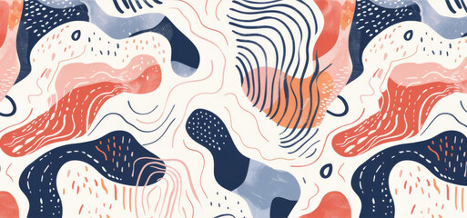 abstract pattern with wavy lines and organic shapes in navy blue, coral, and white colors creates a flowing and dynamic visual experience