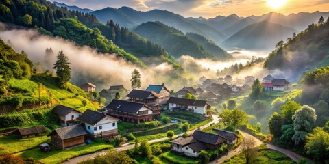 Serene misty morning landscape of a secluded mountain village with traditional houses, lush green forests, and winding roads awaiting adventure and discovery.