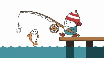 Canvas Print - A cartoon character is fishing on a pier with his fish, AI