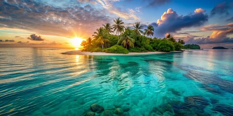 Serene horizon meets turquoise sea water surface, featuring a stunning tropical island paradise with a picturesque beach at sunrise on a summer morning.