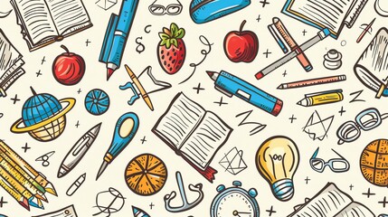 Wall Mural - A colorful pattern featuring academic elements such as books and pencils alongside various scientific objects on a light brown background, representing the world of education and learning.