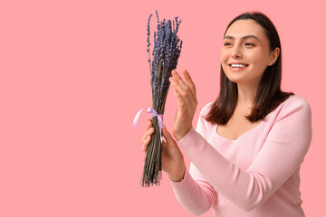 Sticker - Beautiful young woman with bouquet of lavender flowers on pink background