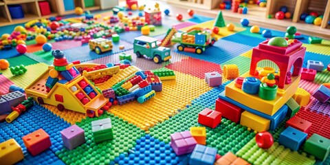 Colorful building blocks and scattered toys lay on a vibrant mat, showcasing joyful chaos of creative play on a special day for young imaginations.