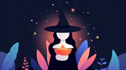 A mystical spell being cast by a witch, with colorful magical sparks and symbols floating in the air, set in a dark enchanted forest, flat design illustration