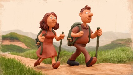 Wall Mural - A cartoon couple walking on a dirt path with hiking gear, AI