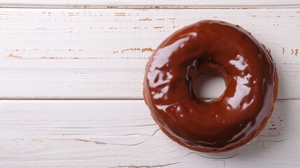 Poster - A donut made of chocolate on a white wooden surface with space for text