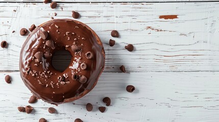 Poster - A donut made of chocolate on a white wooden surface with space for text