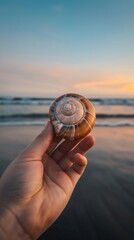Poster - A hand delicately holds a seashell against the backdrop of a picturesque sunset on a sandy beach