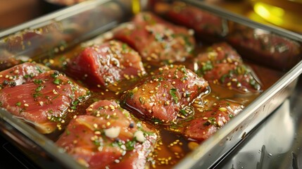 Poster - Marinating Raw Meat with Honey Olive Oil and Mustard for Baking