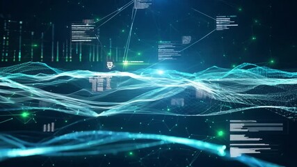 Poster - Abstract blue and green digital waves with data visualization and glowing particles on a dark blue background.