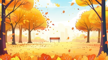 Poster - Autumn park with yellow trees and falling leaves