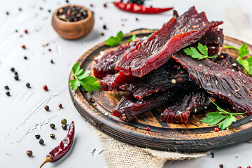 Board and plate of tasty Jerky with on white background.