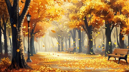 Poster - Autumn park with yellow trees and falling leaves