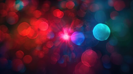 Background with red and blue bokeh effect and green halo around central red light