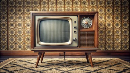 Vintage wooden television set with rounded screen and chunky buttons, ornate details, and retro-style antennas, situated on a worn, patterned carpeted floor.