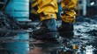 © ShStock - close up safety boot worker cleaning crude oil contaminated on floor waste management