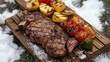 © ShStock - Marinated grilled rib eye steak and roasted vegetables cooked on a winter barbecue served on a wooden board outdoor in snow high angle view