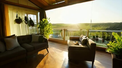 Sticker - Sunroom with comfortable seating, plants, and large windows