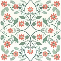 Wall Mural - A floral pattern with red flowers and green leaves