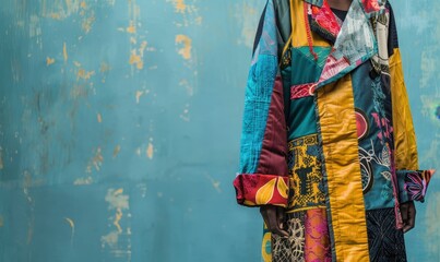 Closeup of a Person Wearing a Colorful Patchwork Coat.