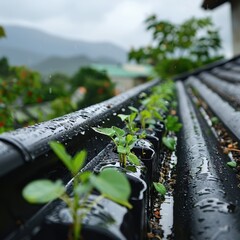 Closeup of young plants growing in a rain-soaked gutter.