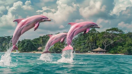 A group of pink dolphins are leaping out of the water. Generate AI image